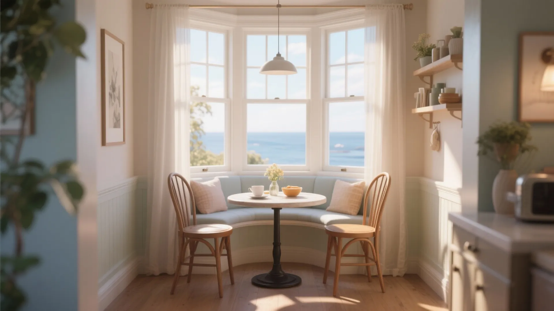Small dining nook with a round table two chairs and ocean views through bay windows
