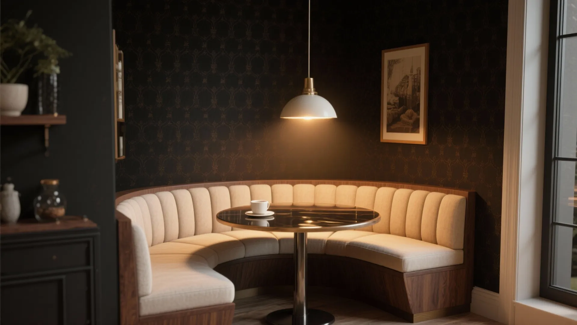 Cozy breakfast nook with curved sofa seating round black table white ceiling light and pattern