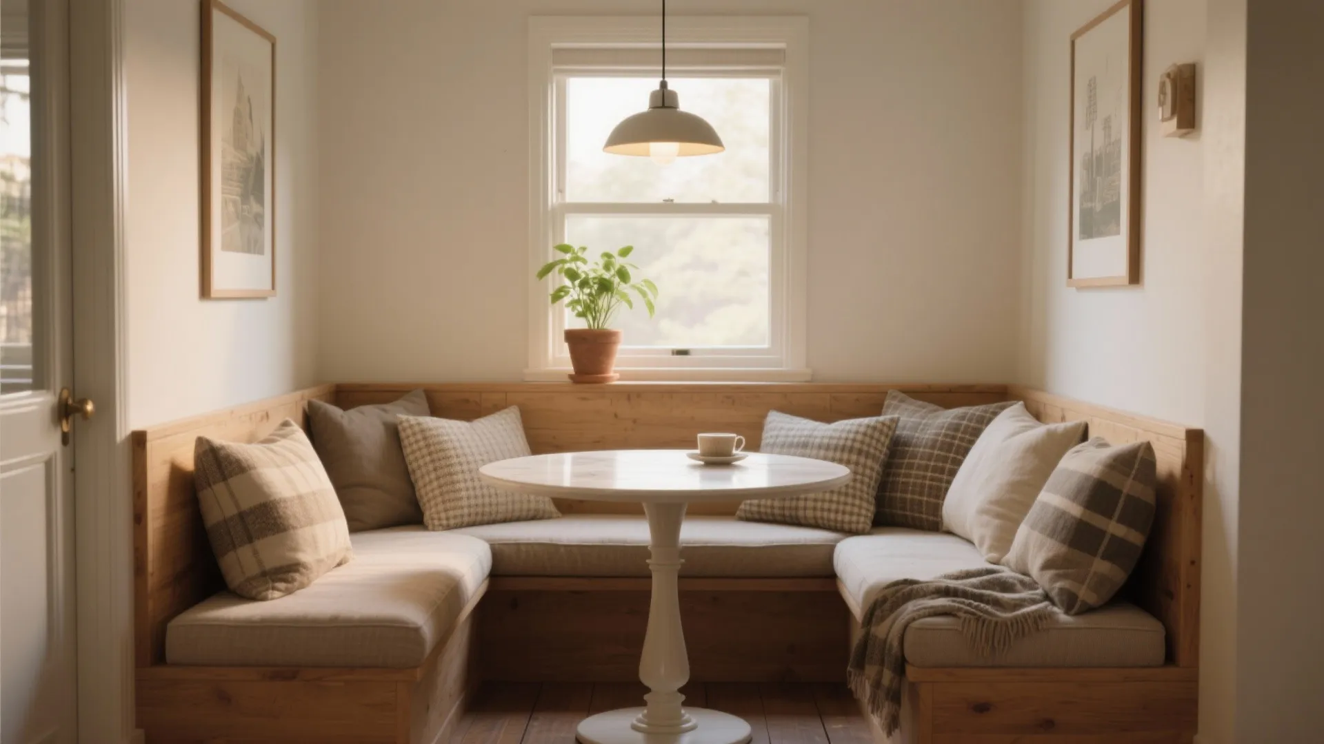 Breakfast nook with a round white table wooden bench seating cushions and one light fixture