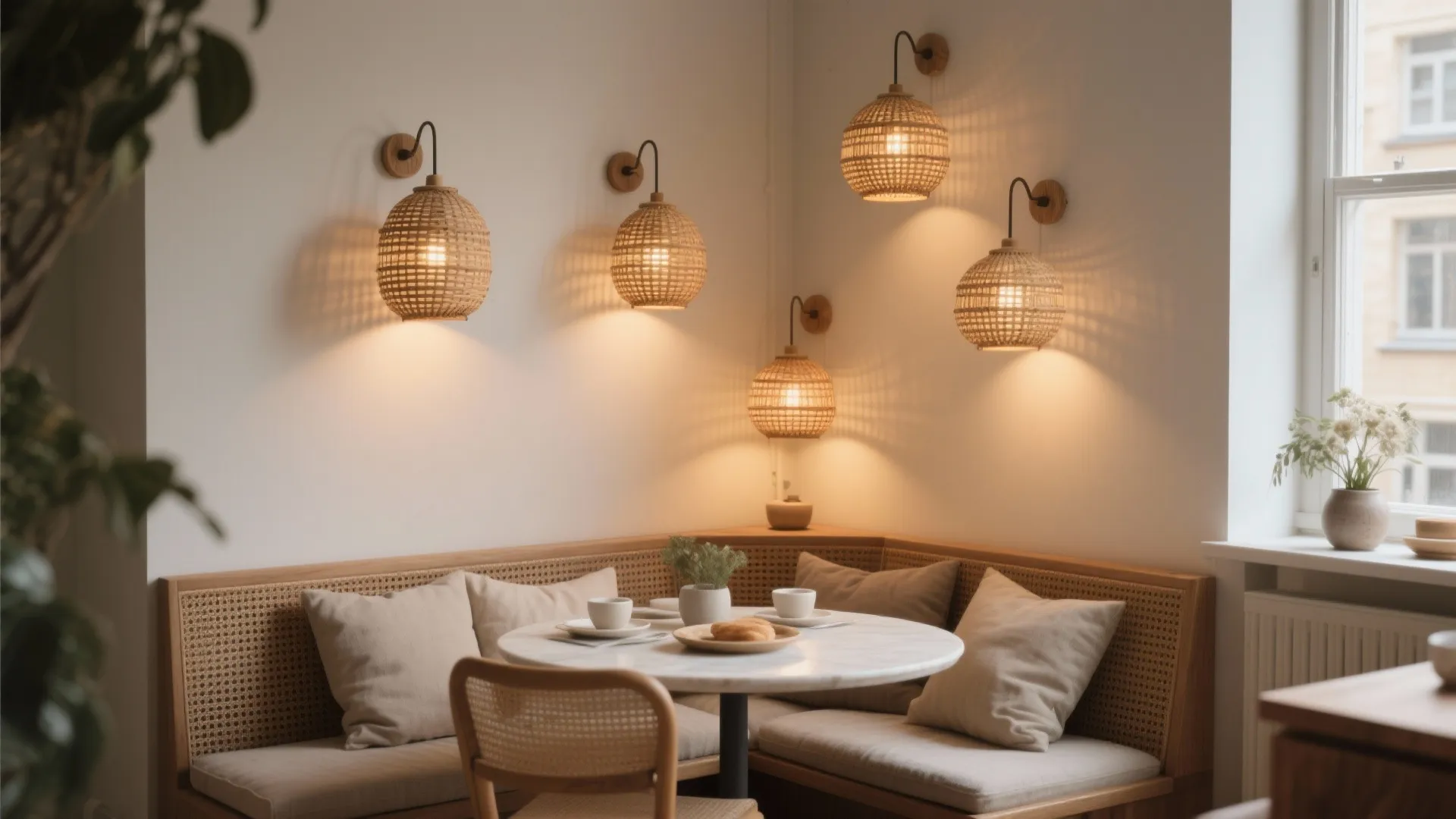 Cozy breakfast nook with layered rattan wall lights creating a warm, restaurant-like atmosphere.