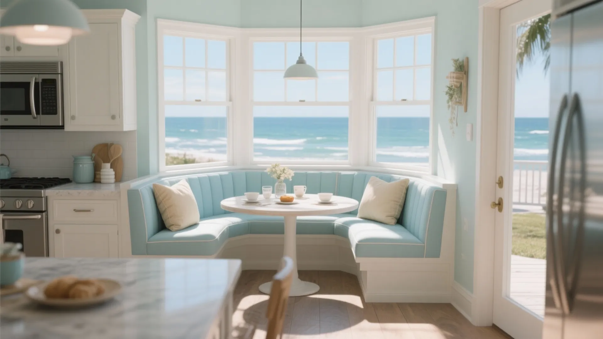 Banquette by bay window with ocean view