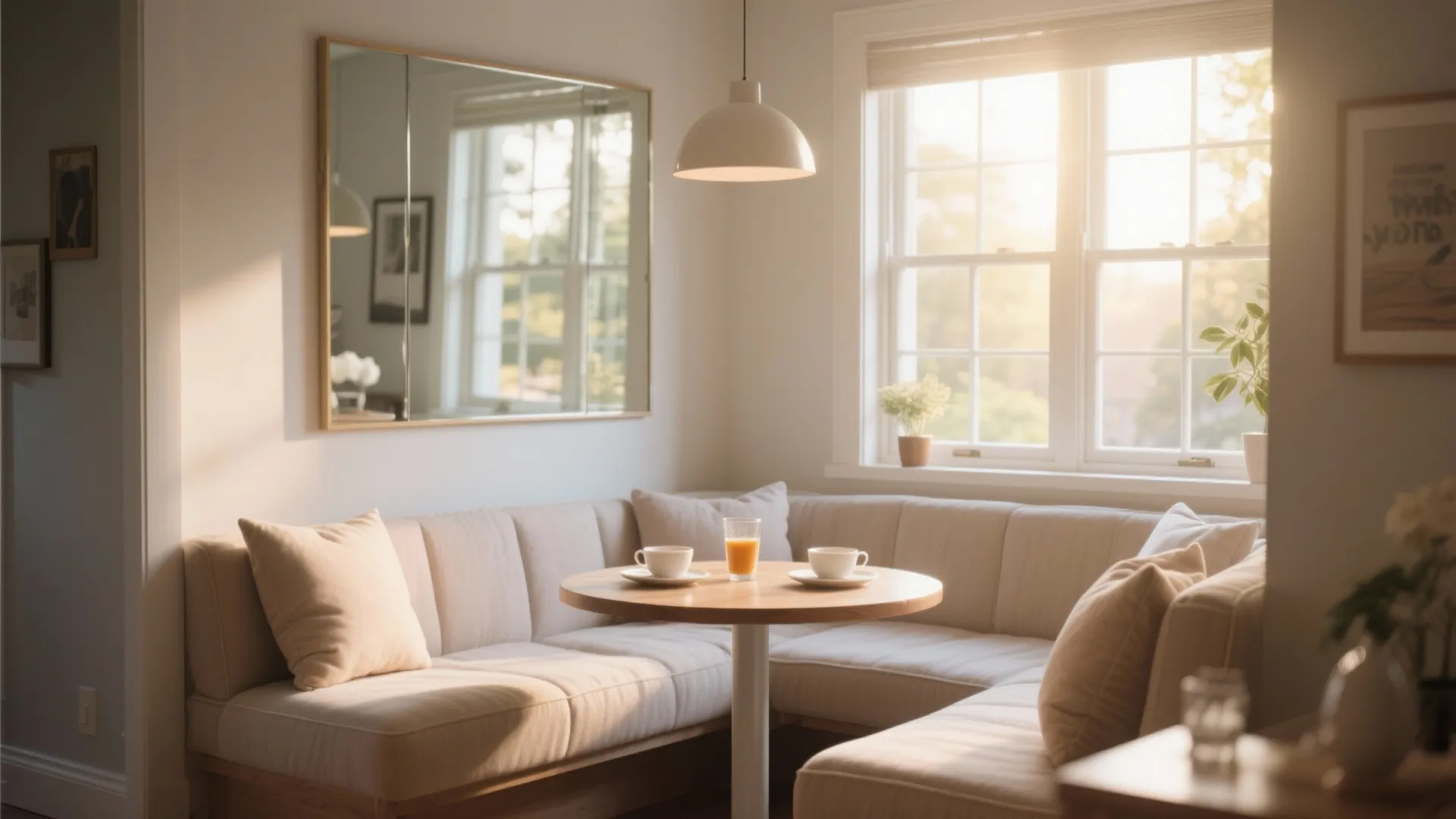 Bright breakfast nook with beige sectional sofa small round wooden table and white ceiling light