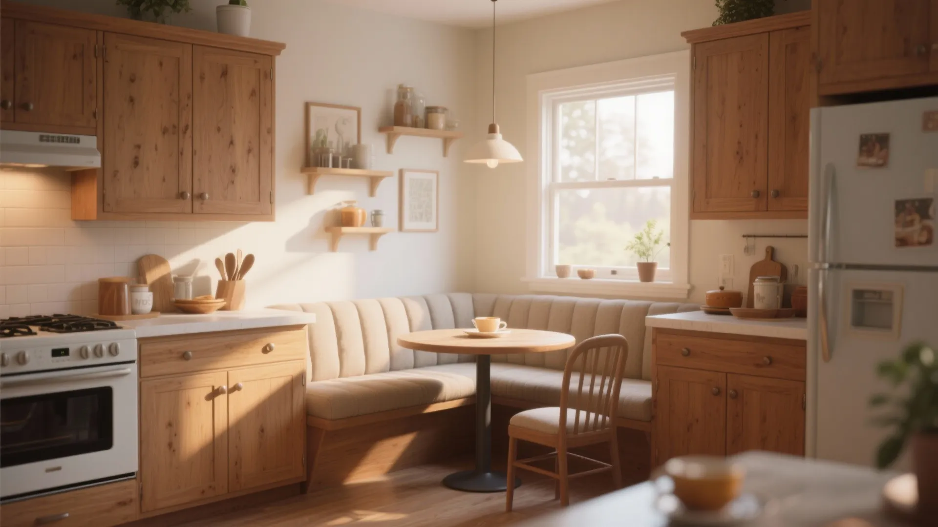 Cosy kitchen corner with a wooden round table padded bench seating and natural sunlight from window