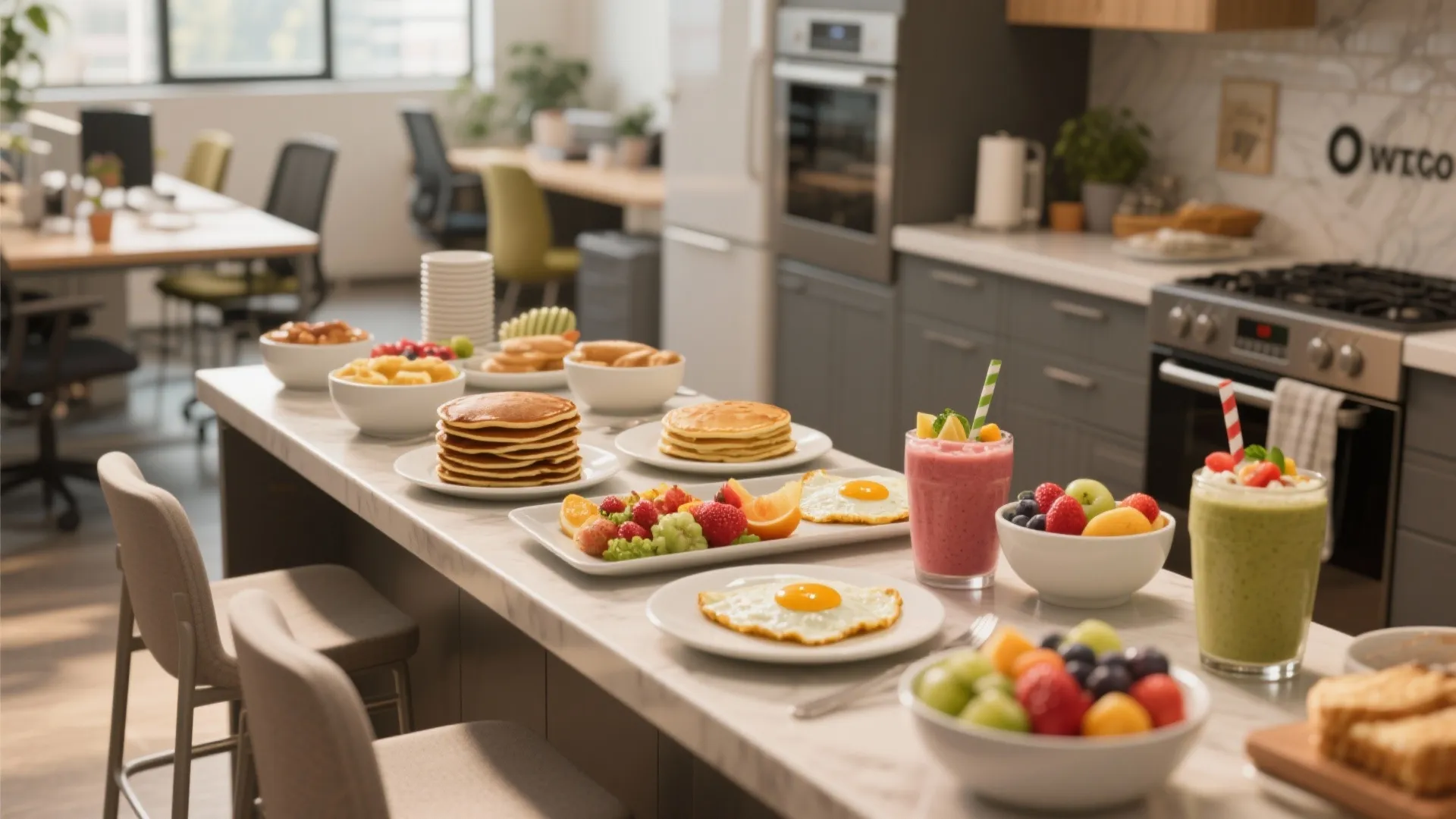 Breakfast buffet with pancakes eggs and fruit on a kitchen island inside a professional office