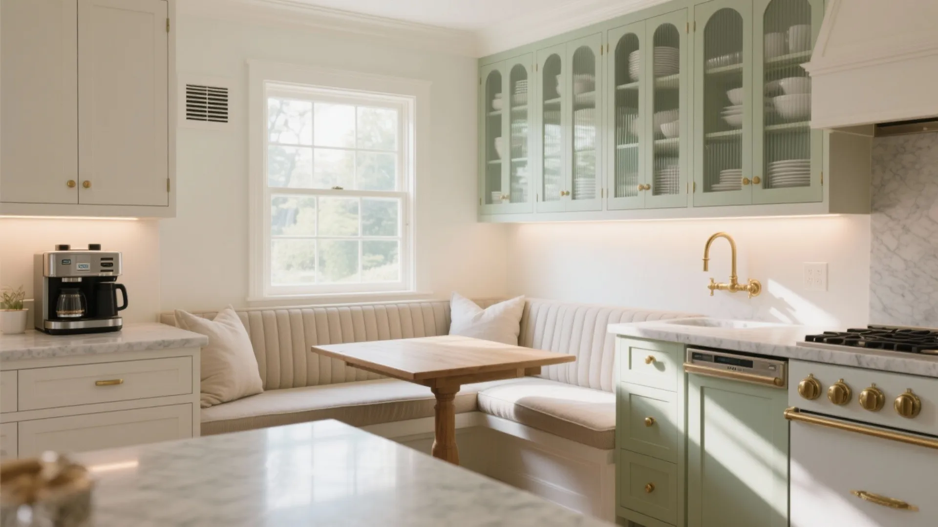 Kitchen breakfast nook with bench seat wooden table green cabinets gold faucet and marble countertop