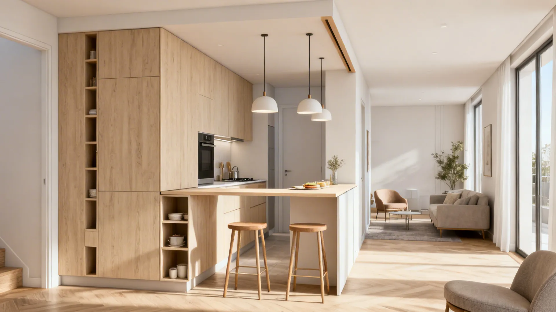 Small kitchen with a narrow breakfast-bar peninsula and stools, keeping sightlines open.