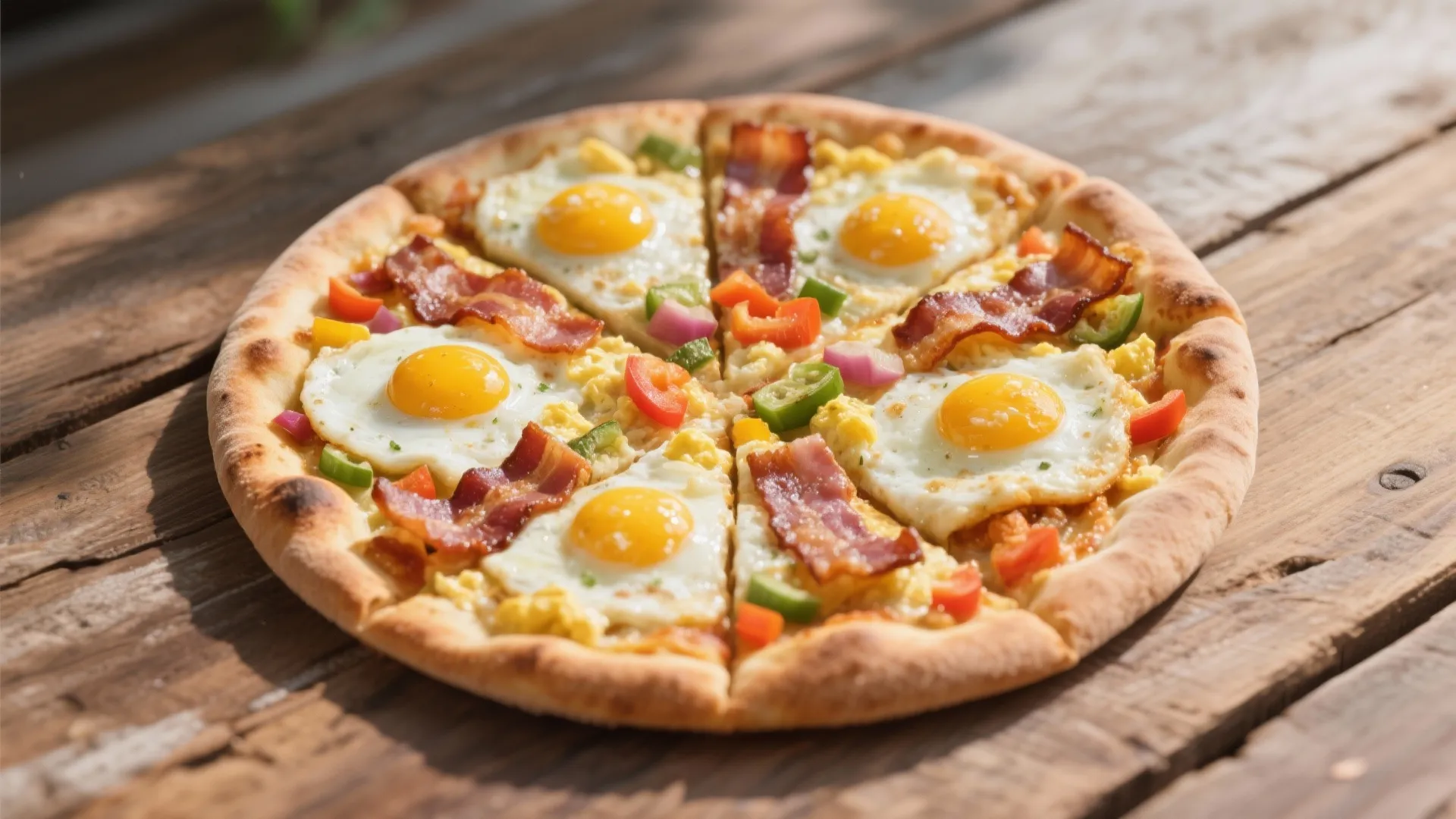 Breakfast pizza topped with fried eggs bacon green peppers and onions on a rustic wooden table