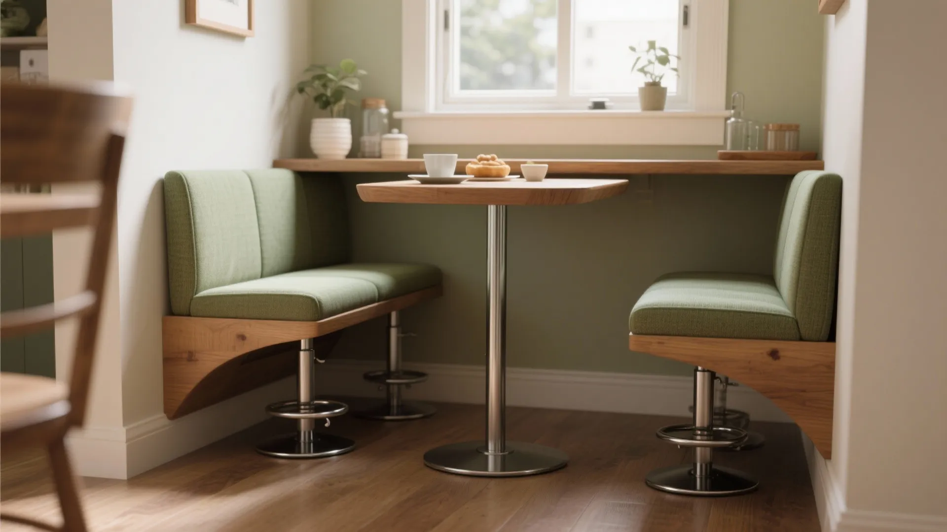 Slim swivel stools tucked under a narrow breakfast table in a compact dining nook with warm daylight.