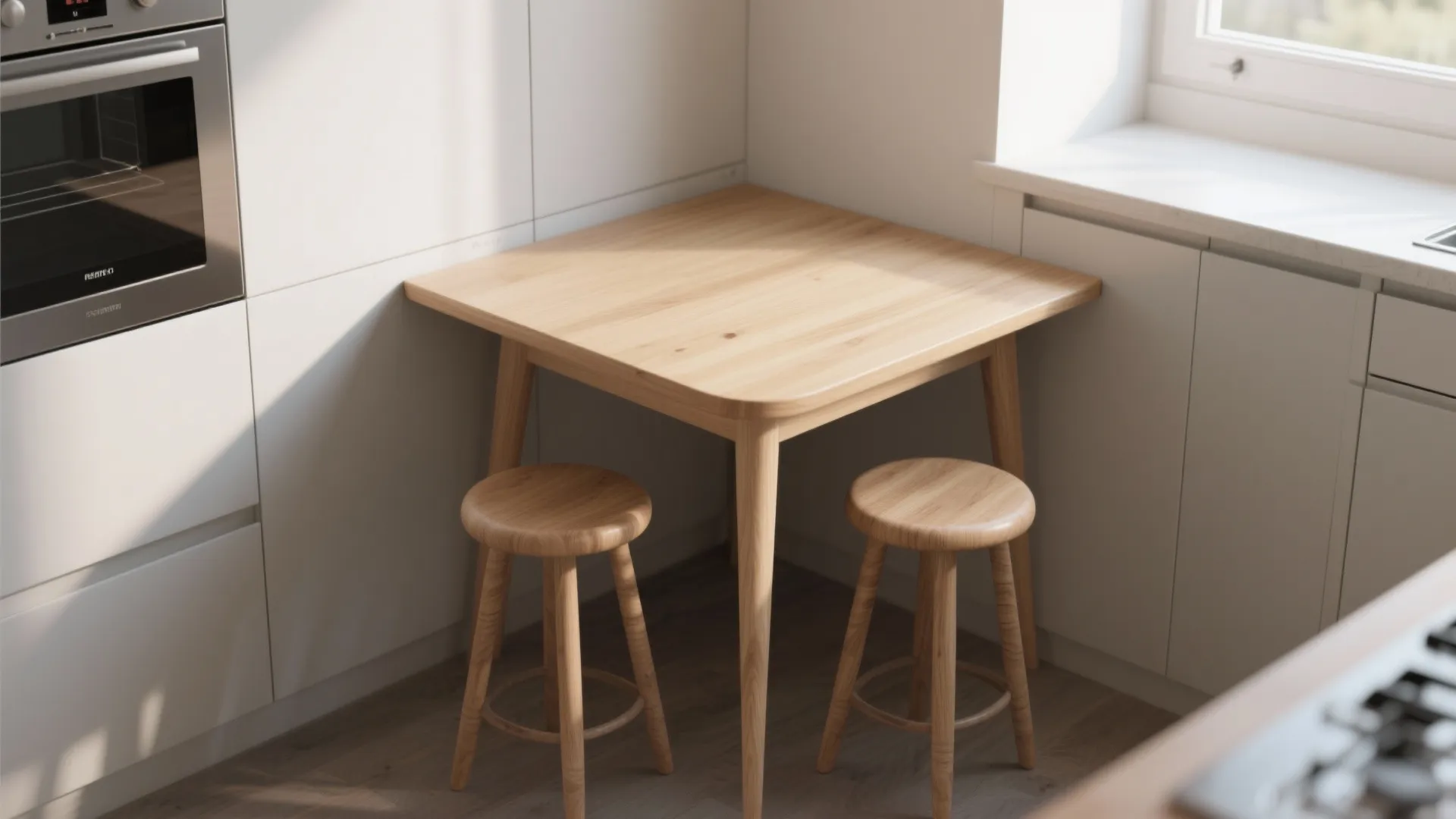 Small square wooden table in kitchen corner with two matching wooden stools and white cabinets