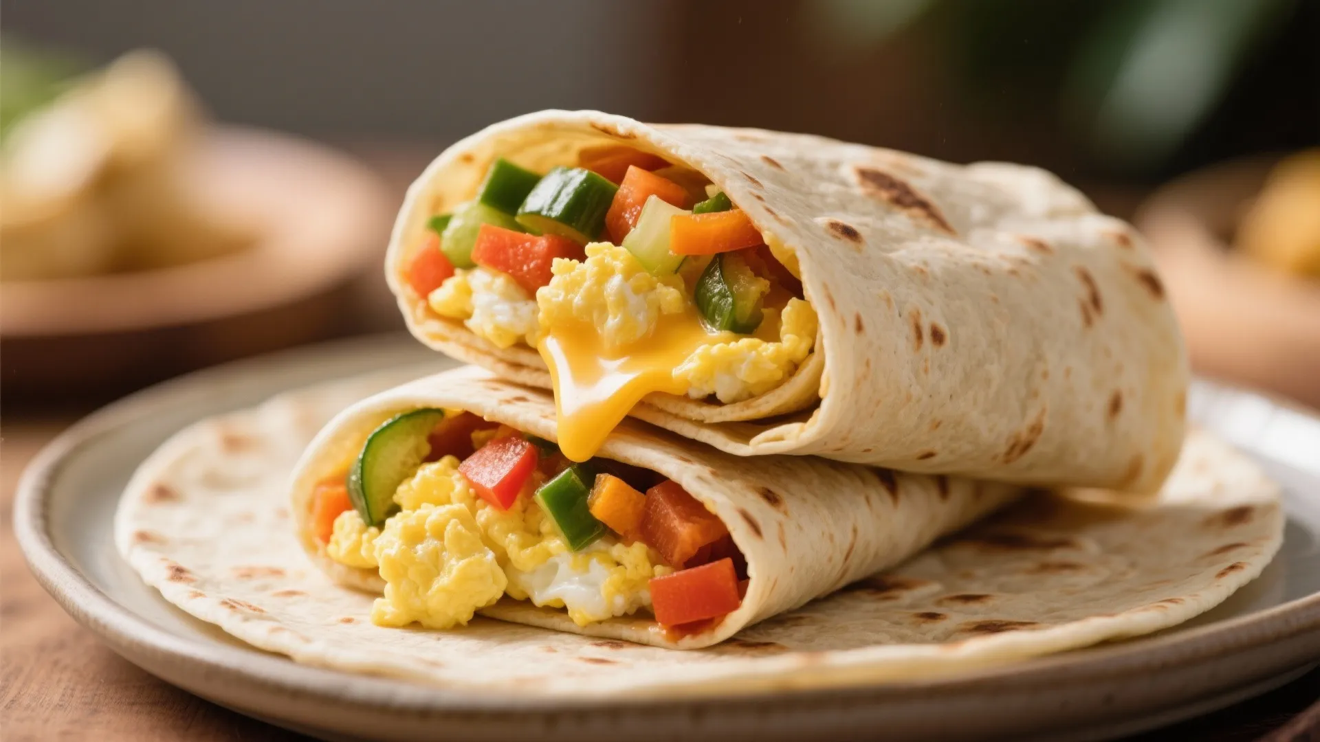 Two breakfast wraps on a plate filled with scrambled eggs melted cheese and diced vegetables