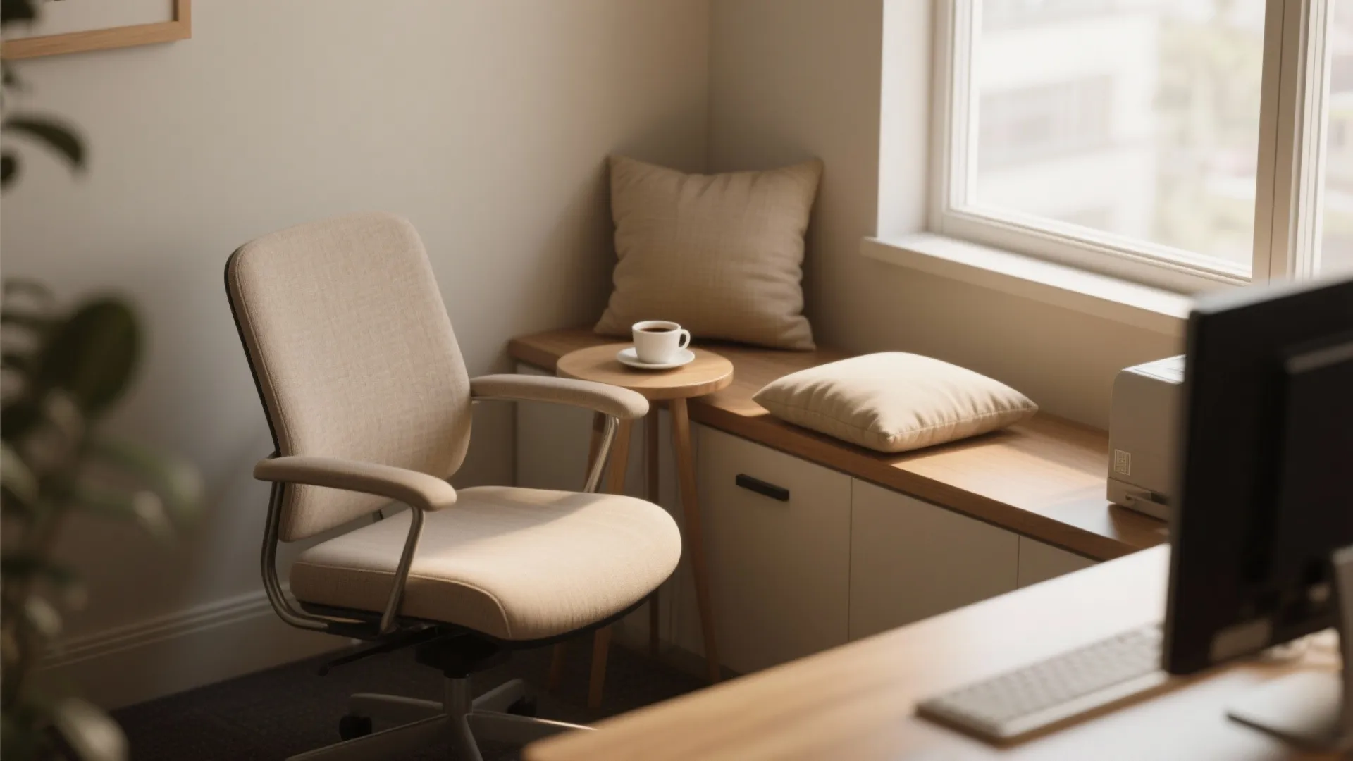 Cozy home office corner with desk chair wooden window seat pillows and small side table