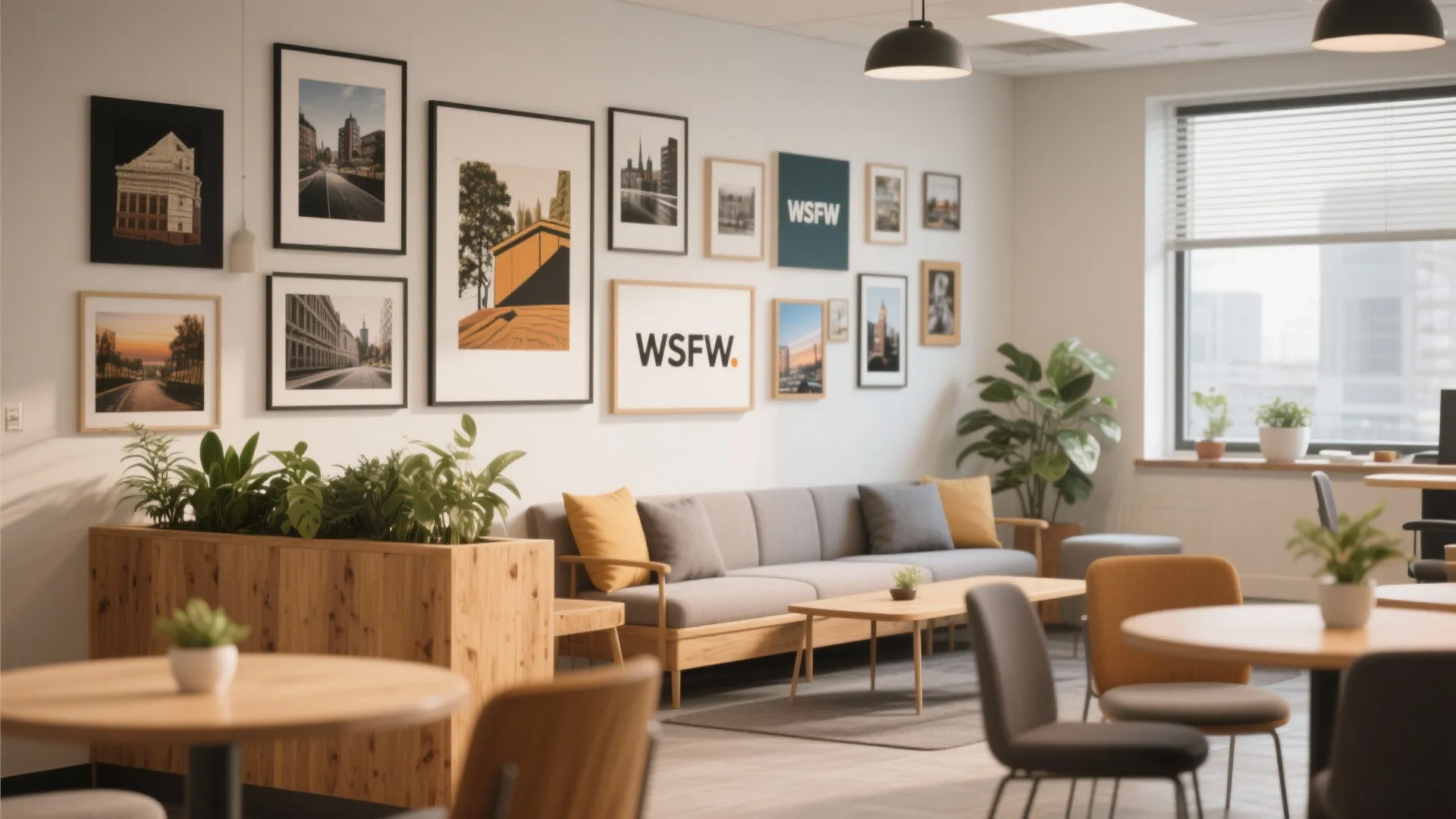 Modern office lounge area with grey sofa gallery wall of framed pictures and wooden coffee table
