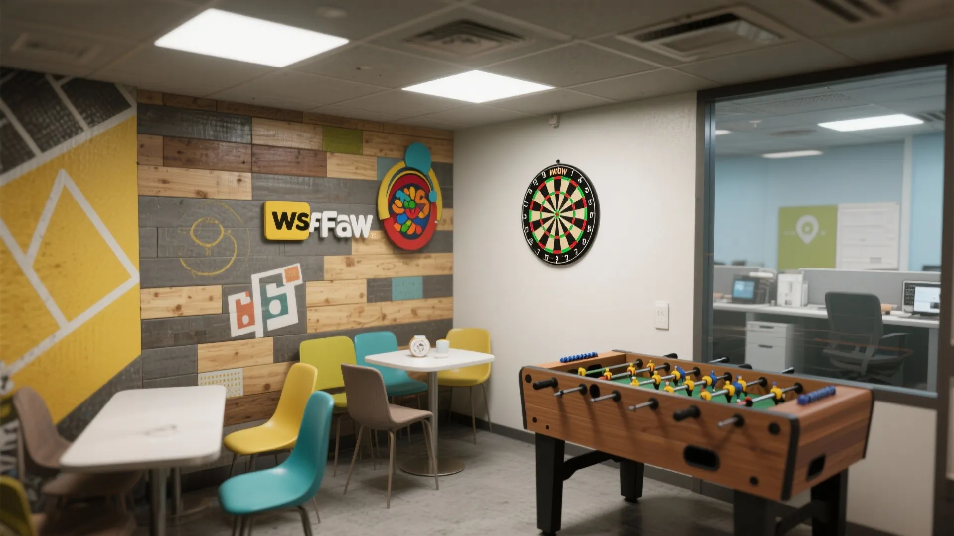 Office breakroom featuring a table football game dartboard colorful chairs and a rustic wood wall