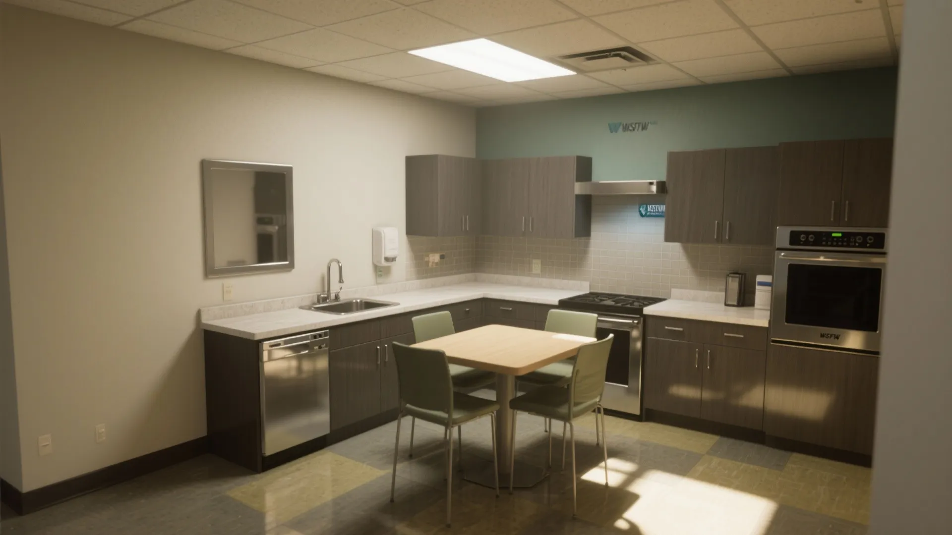 Modern kitchen breakroom with dark wooden cabinets small dining table four green chairs and oven