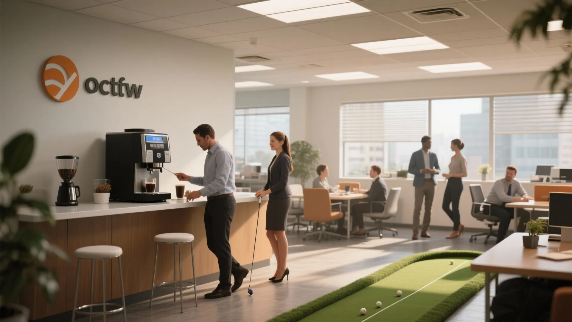 Modern office breakroom with coffee machine green indoor putting mat and employees in business attire