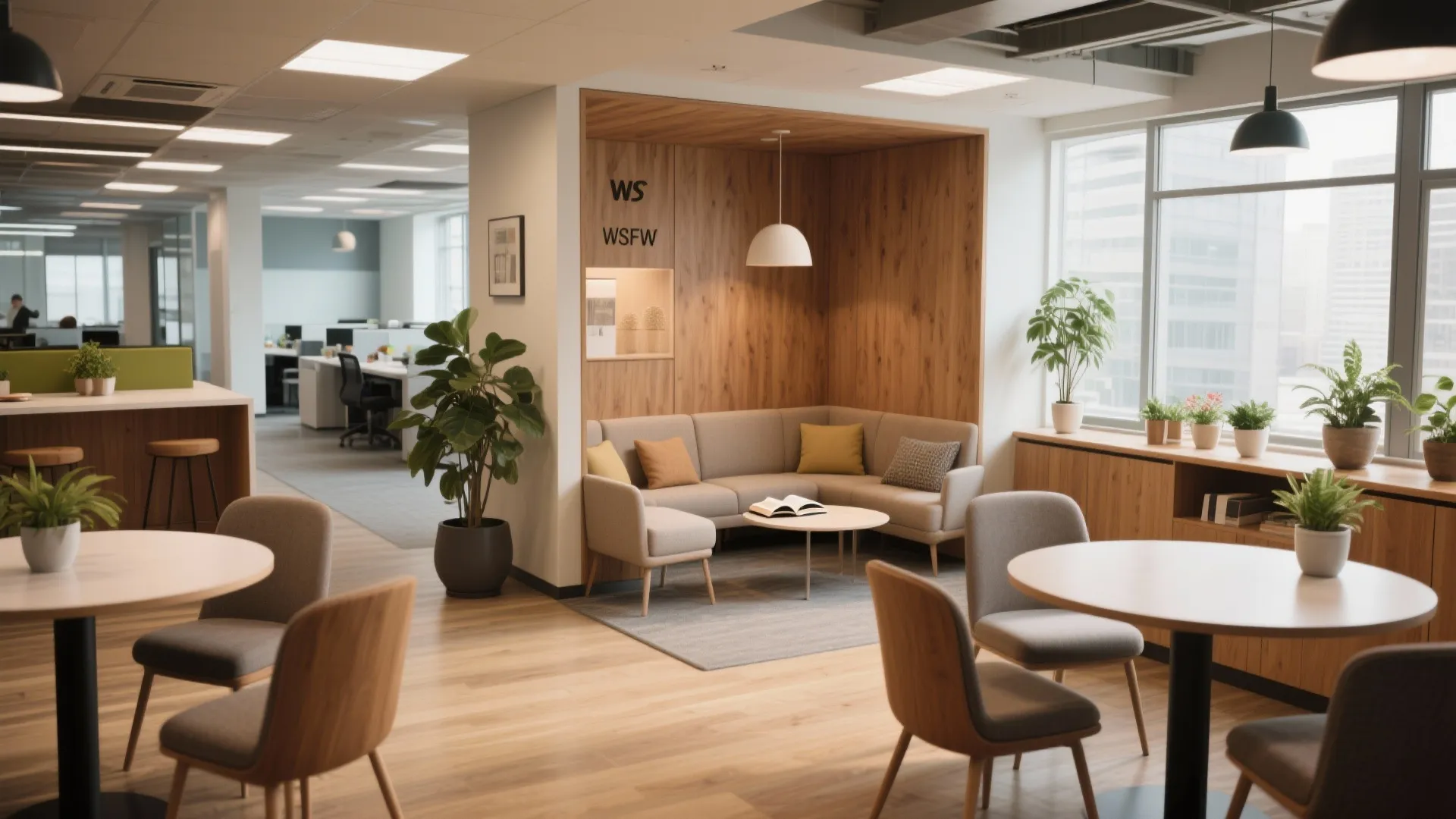 Modern office breakroom with a cozy corner sofa wooden wall panels round tables and chairs