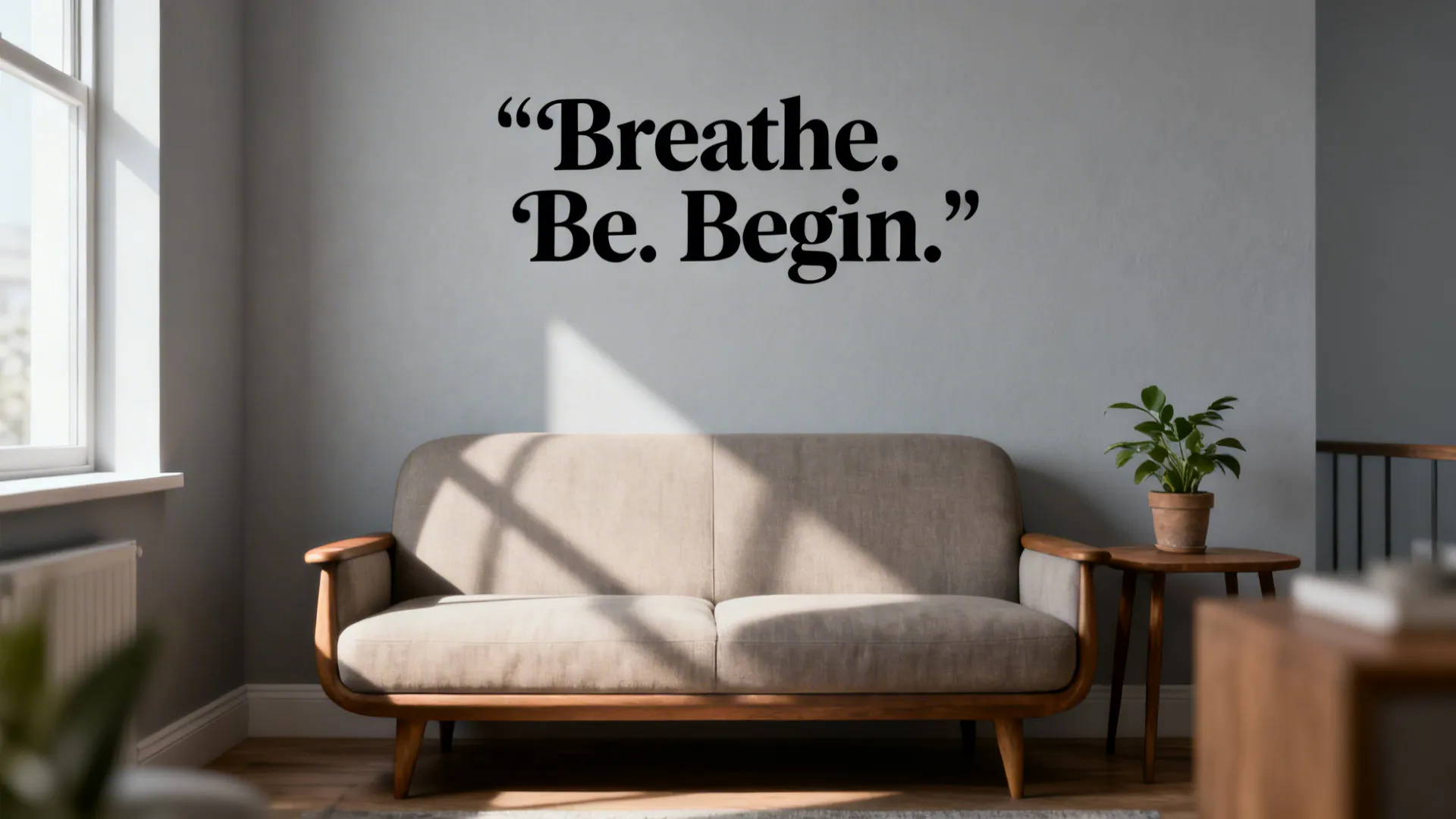 Minimalist living room featuring a simple beige sofa wooden side table potted plant and wall quote