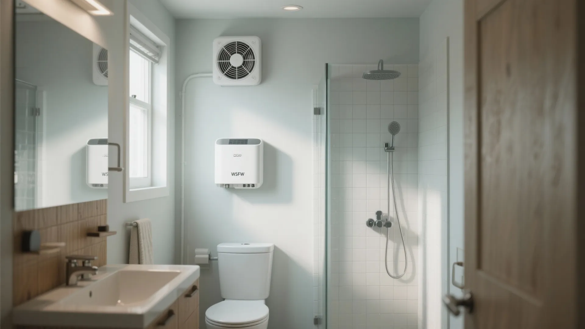 Modern bathroom with white toilet and shower plus wall mounted fan for good air flow