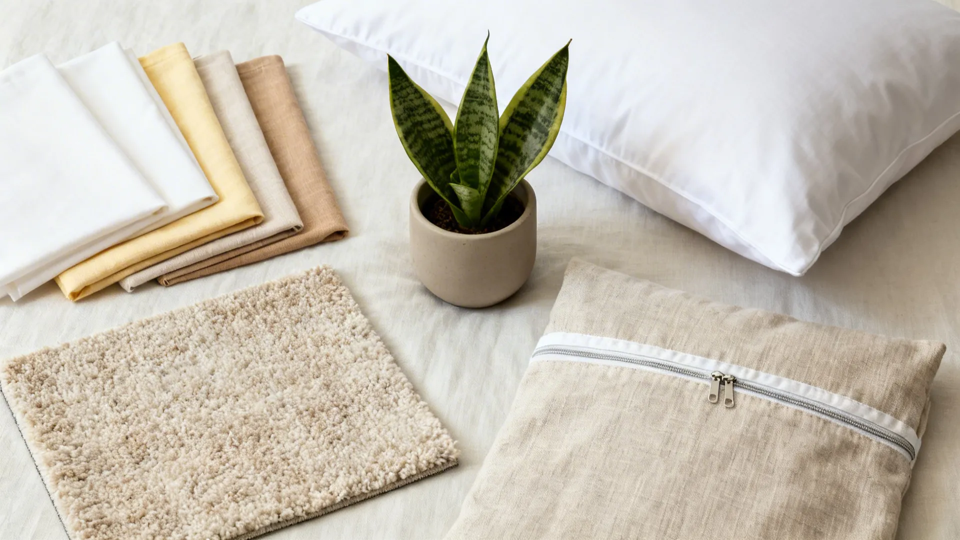 Flat-lay of percale and linen-blend fabrics, washable rug sample, and a minimal planter for a fresh feel.