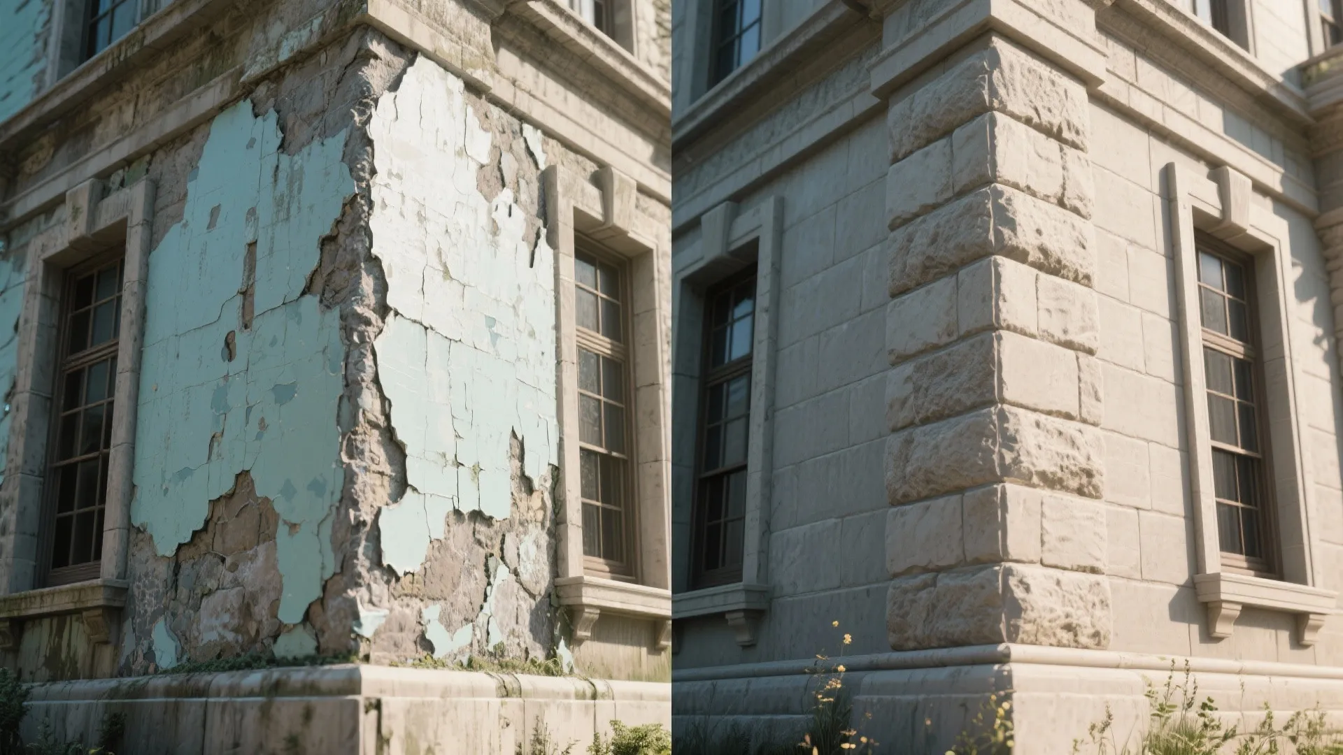 Before and after comparison showing old peeling blue paint versus a clean renovated stone wall