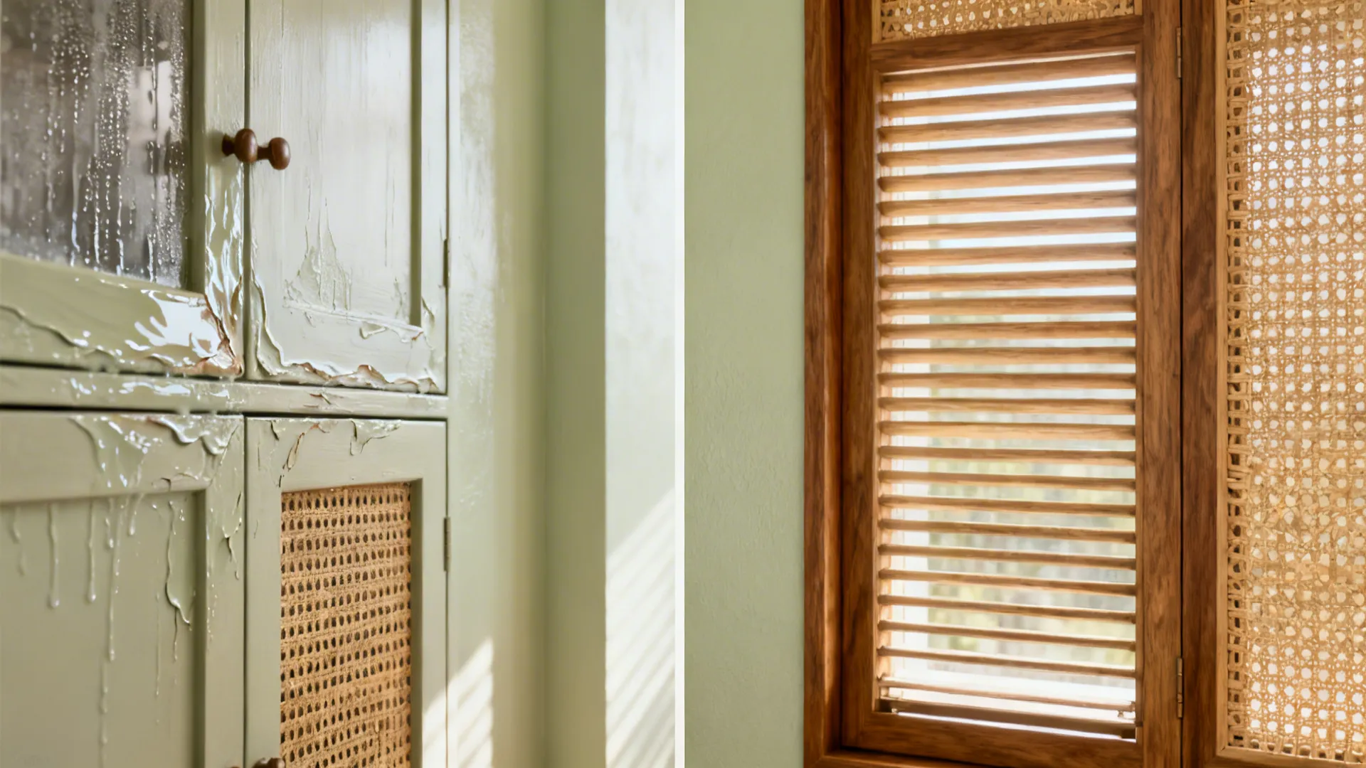 Before-and-after showing MDF swelling replaced by cane-front rubberwood and limewash in a Kerala kitchen.