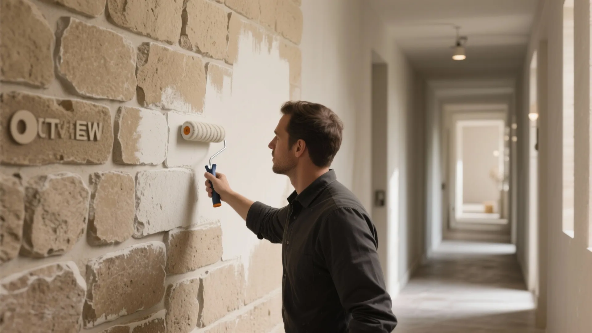 Man using a paint roller to apply white coating over a natural stone wall surface