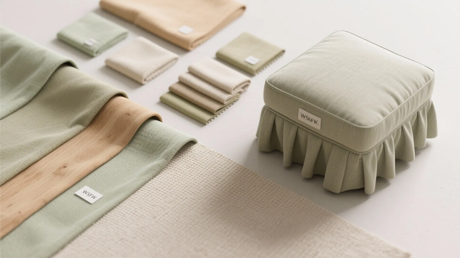 Soft green and beige fabric samples displayed alongside a small matching footrest with pleated details