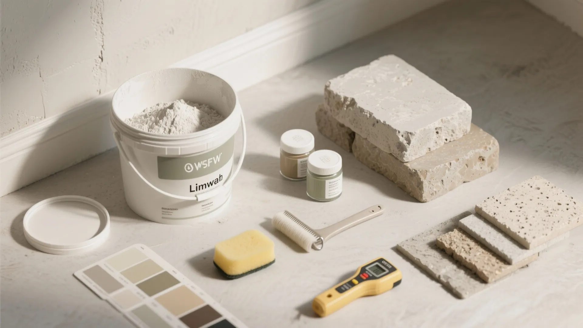 Flatlay of limewash and mineral paint samples with a moisture meter and textured block samples.