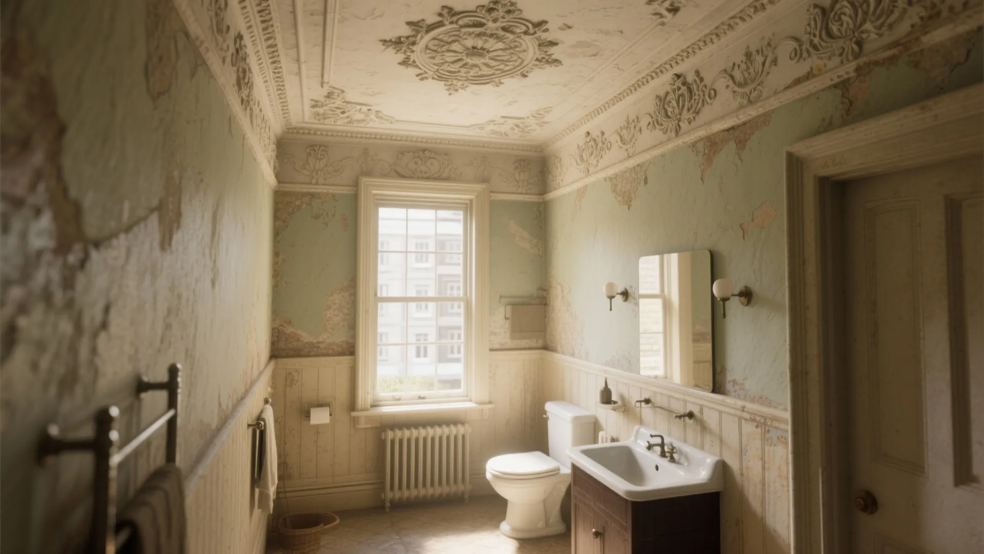 Old bathroom featuring peeling green paint, wall panel, white toilet, small sink, and ornate ceiling