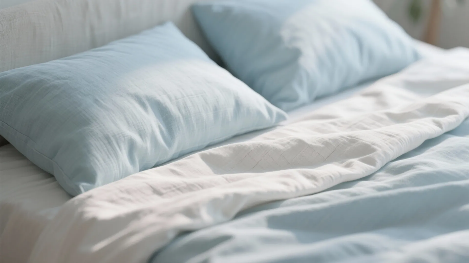 Close up of soft blue pillows and white bedding sheets on a comfortable modern bed