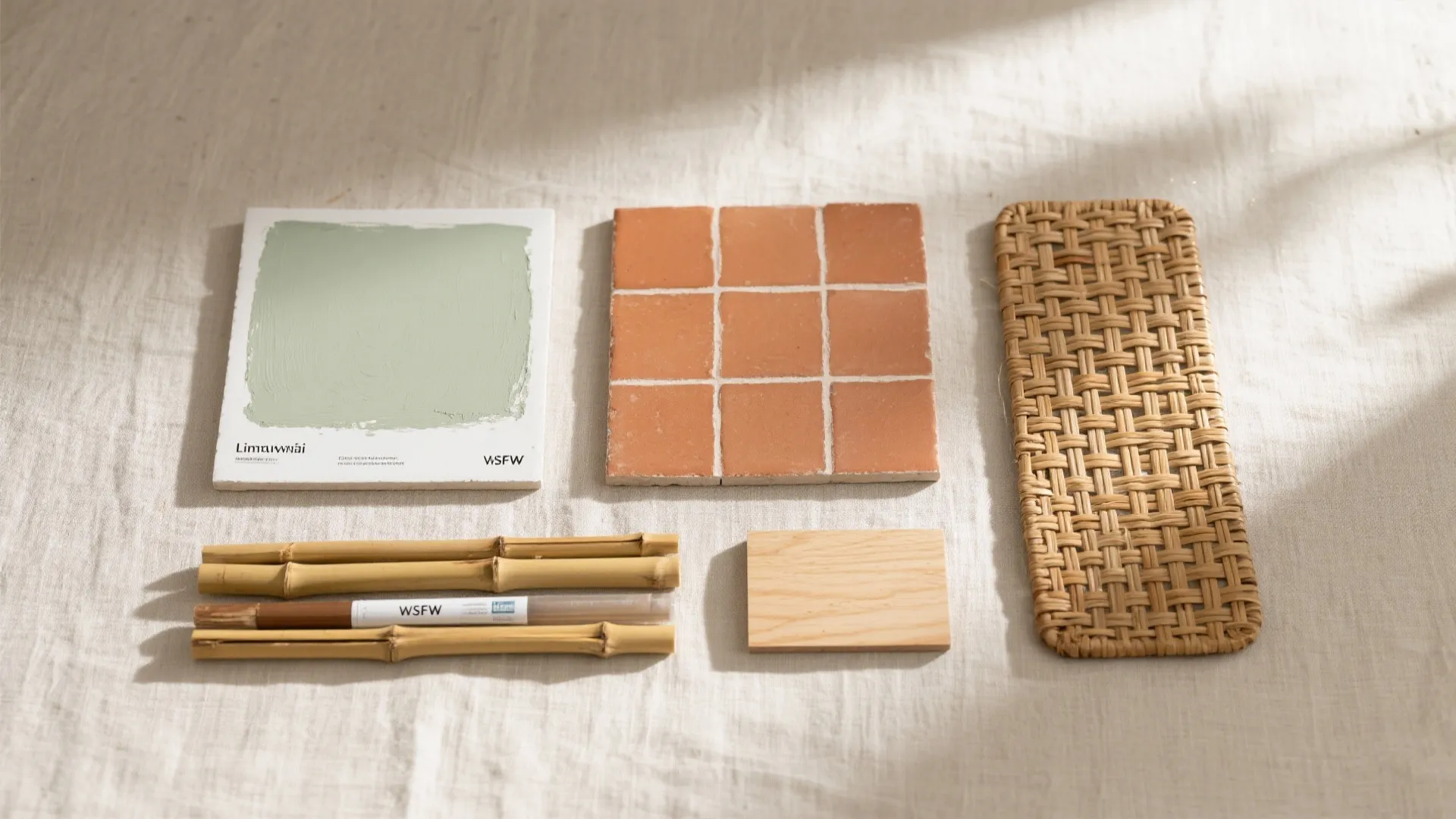 Natural material samples including terracotta tiles, woven wood, bamboo sticks, and light green paint swatches