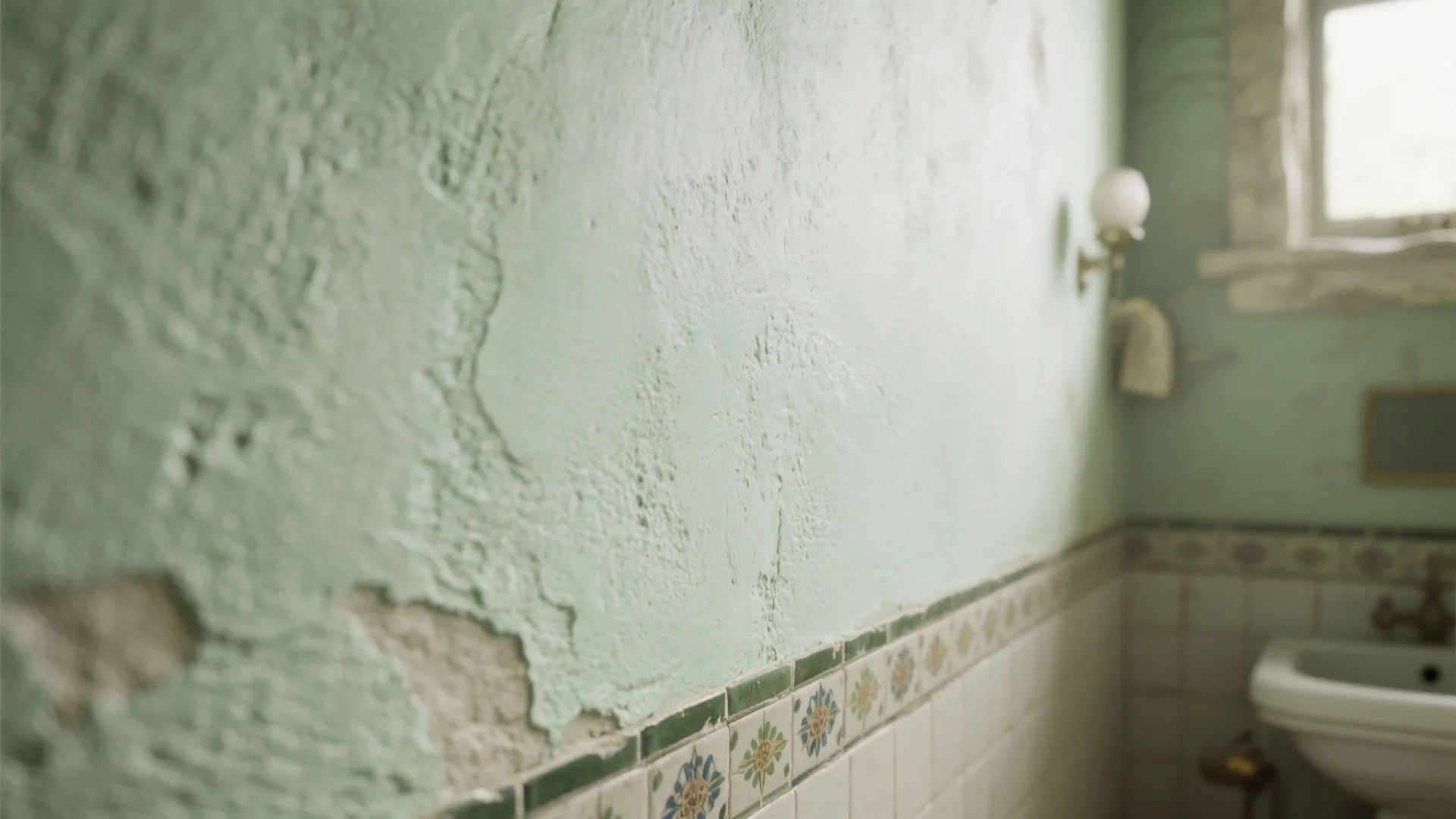 Damaged green wall with peeling paint above old tiles near a white sink and window
