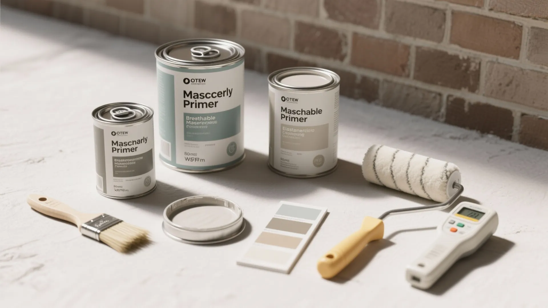 Three cans of wall primer paint with a roller brush and color swatches on table