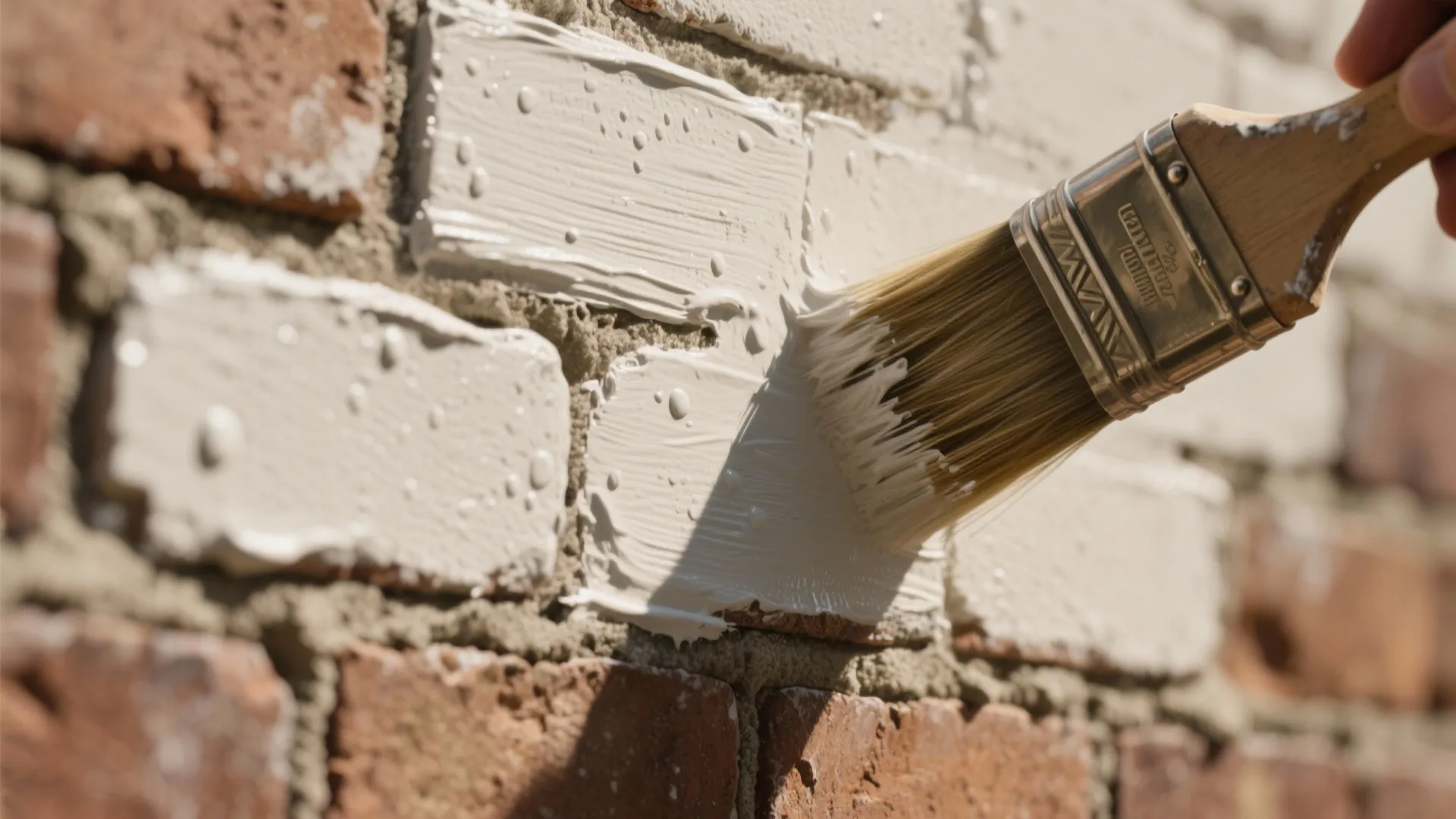 Macro view of breathable masonry paint being brushed onto brick, showing texture and vapor-permeable finish.