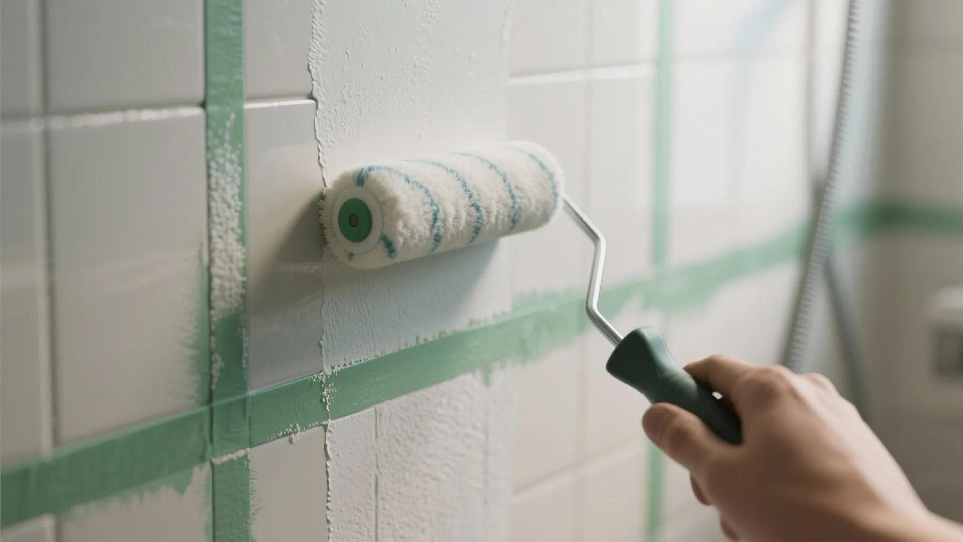 Person using a paint roller to apply white paint over green tape on bathroom tiles