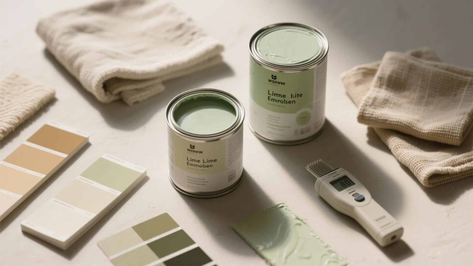Two open cans of light green paint with color swatches and a digital testing device