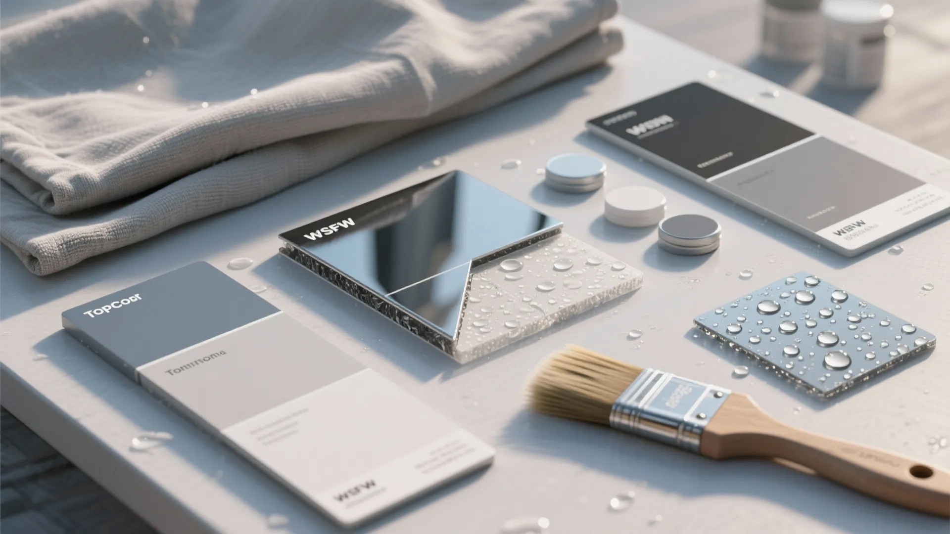 Flatlay of reflective topcoat samples, breathable primer swatches and a condensation-test panel.