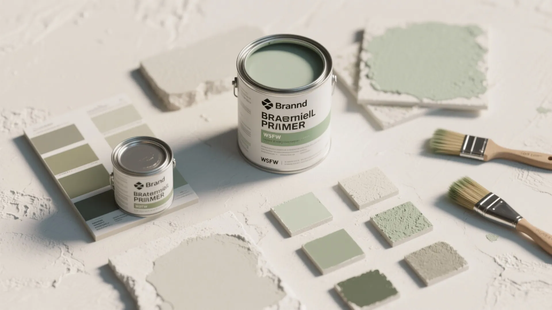 Two cans of green primer surrounded by color swatches and paint brushes on a white table