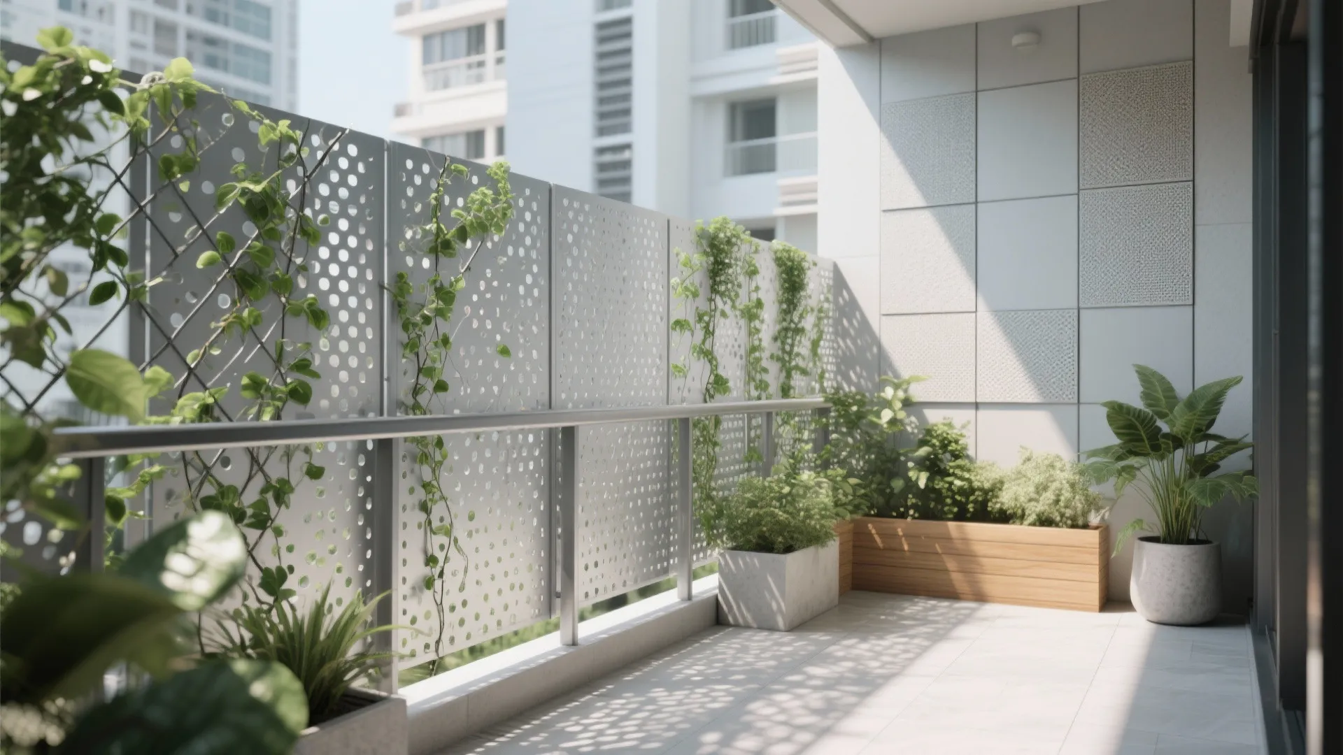 Modern balcony with perforated metal screen, green climbing plants, wooden planter box, and bright sunlight