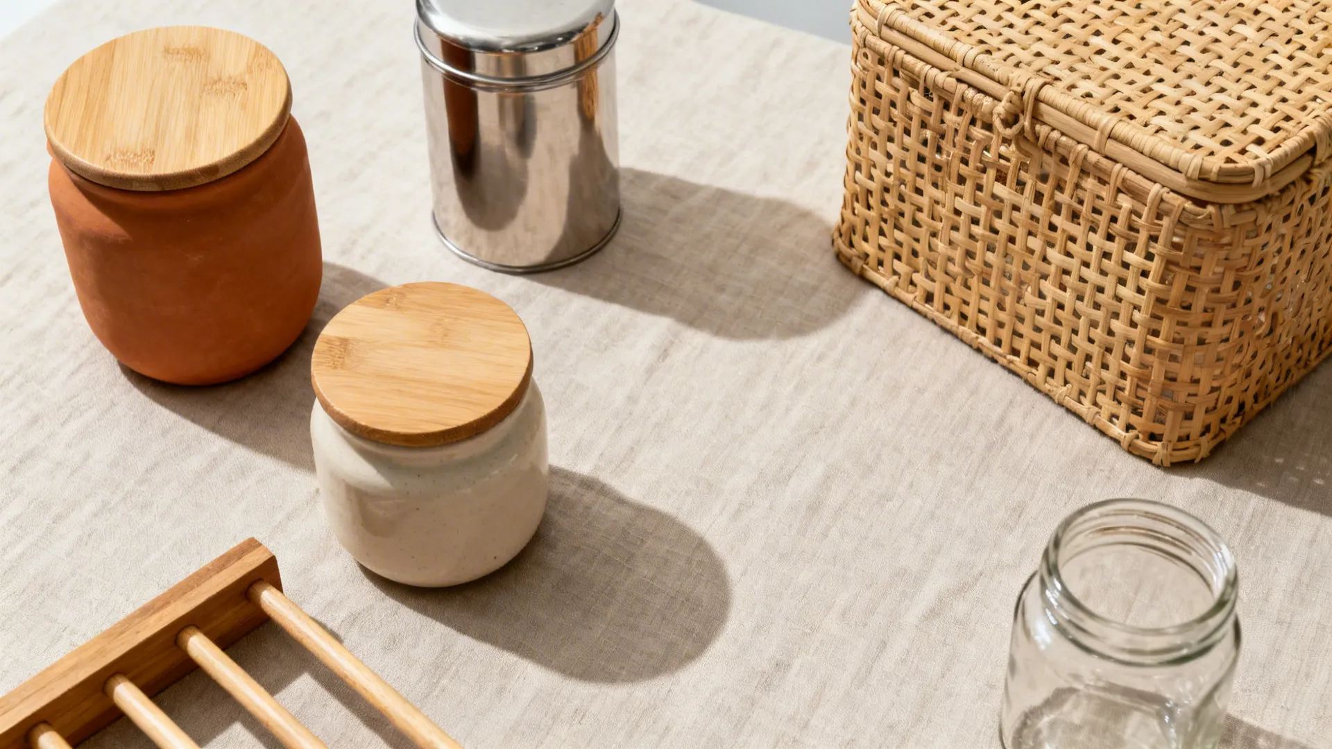Flat-lay of clay and ceramic jars, masala tin, cane baskets, and teak shelf sample.