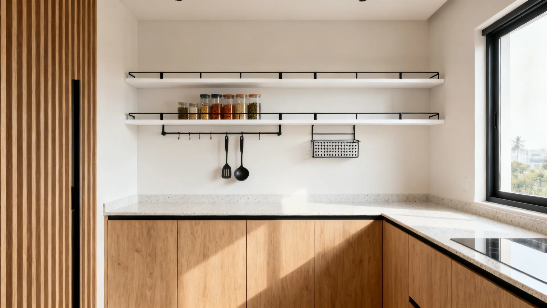 Minimalist kitchen with open shelves, shallow rails, and matte laminate cabinets creating airy storage.