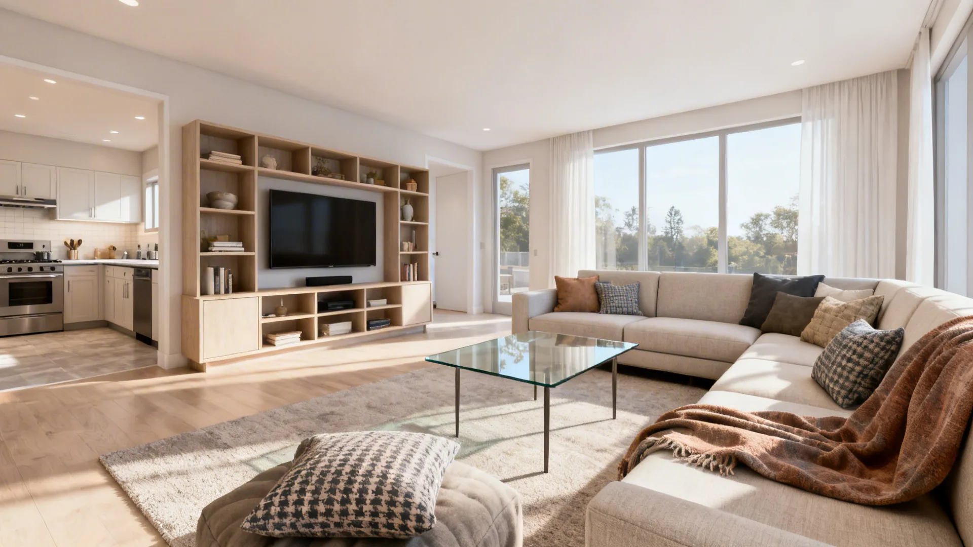 Living room with low-back sofa, open-shelf media unit, and glass coffee table maintaining clear sightlines to the kitchen.