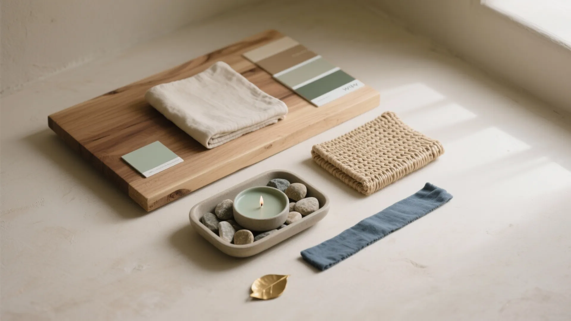 Interior design mood board with wood, fabric, color swatches, small stones, and a lit candle