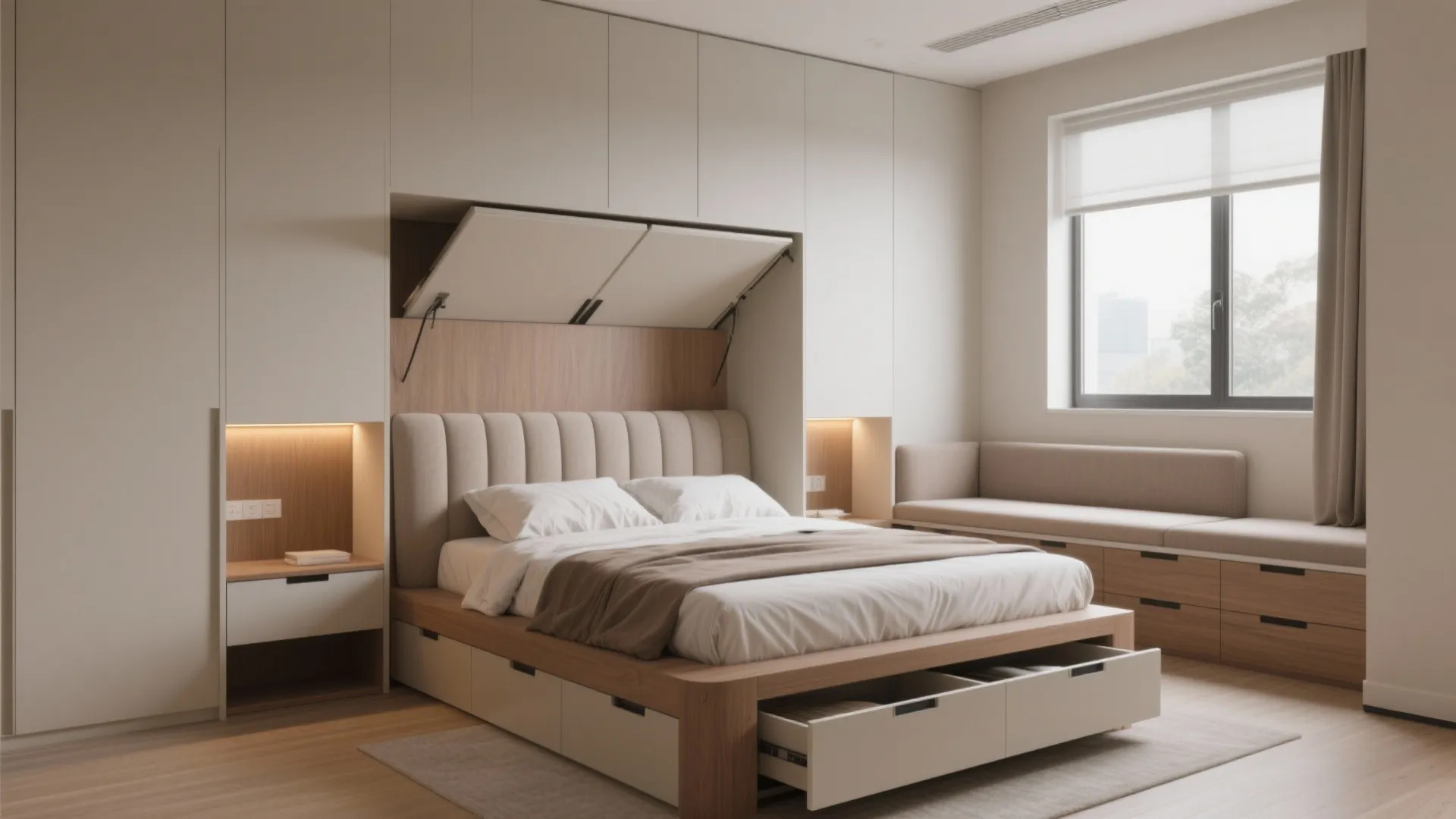Minimalist bedroom design with integrated wall cabinets wooden bed frame storage drawers and large bright window