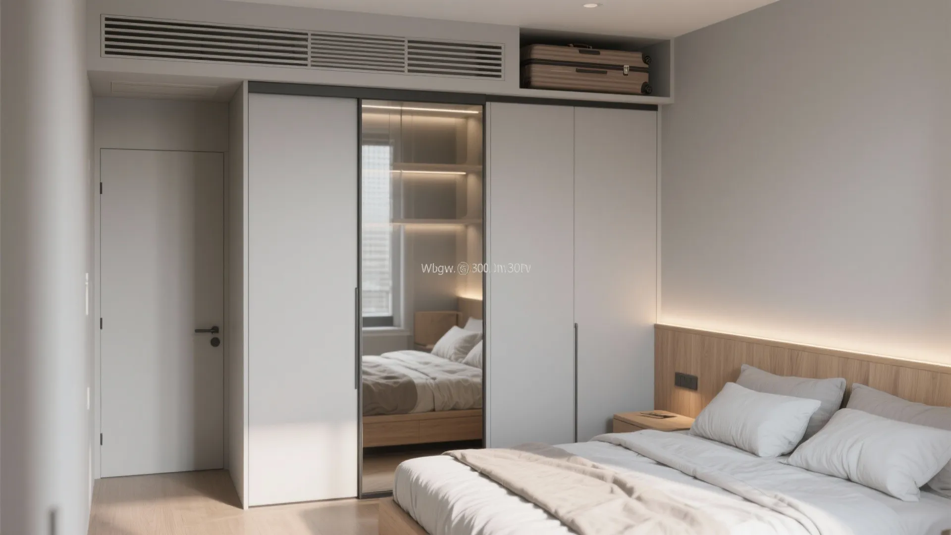 Bedroom with mirrored sliding wardrobe, overhead bridge cabinet, and warm headboard niche lighting.