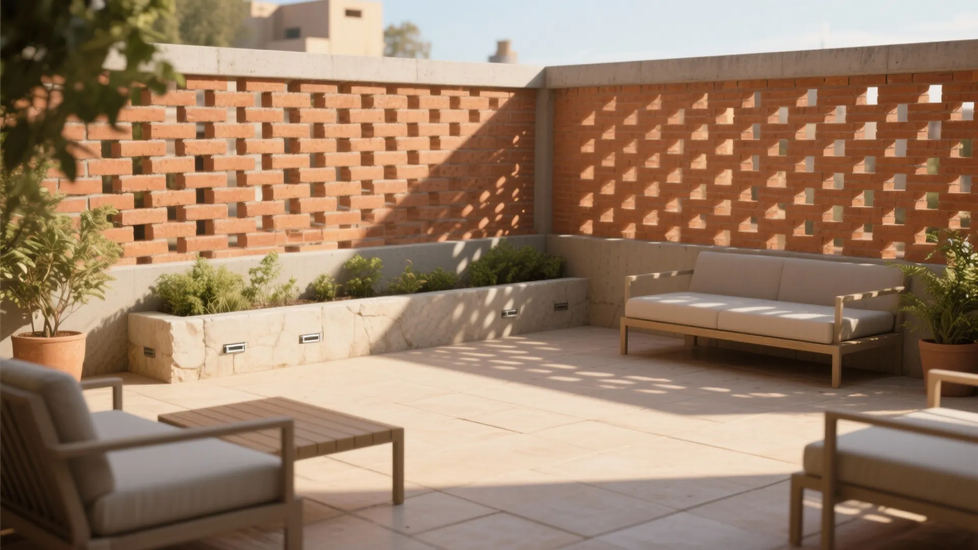 Perforated brick or screen-block parapet patterns