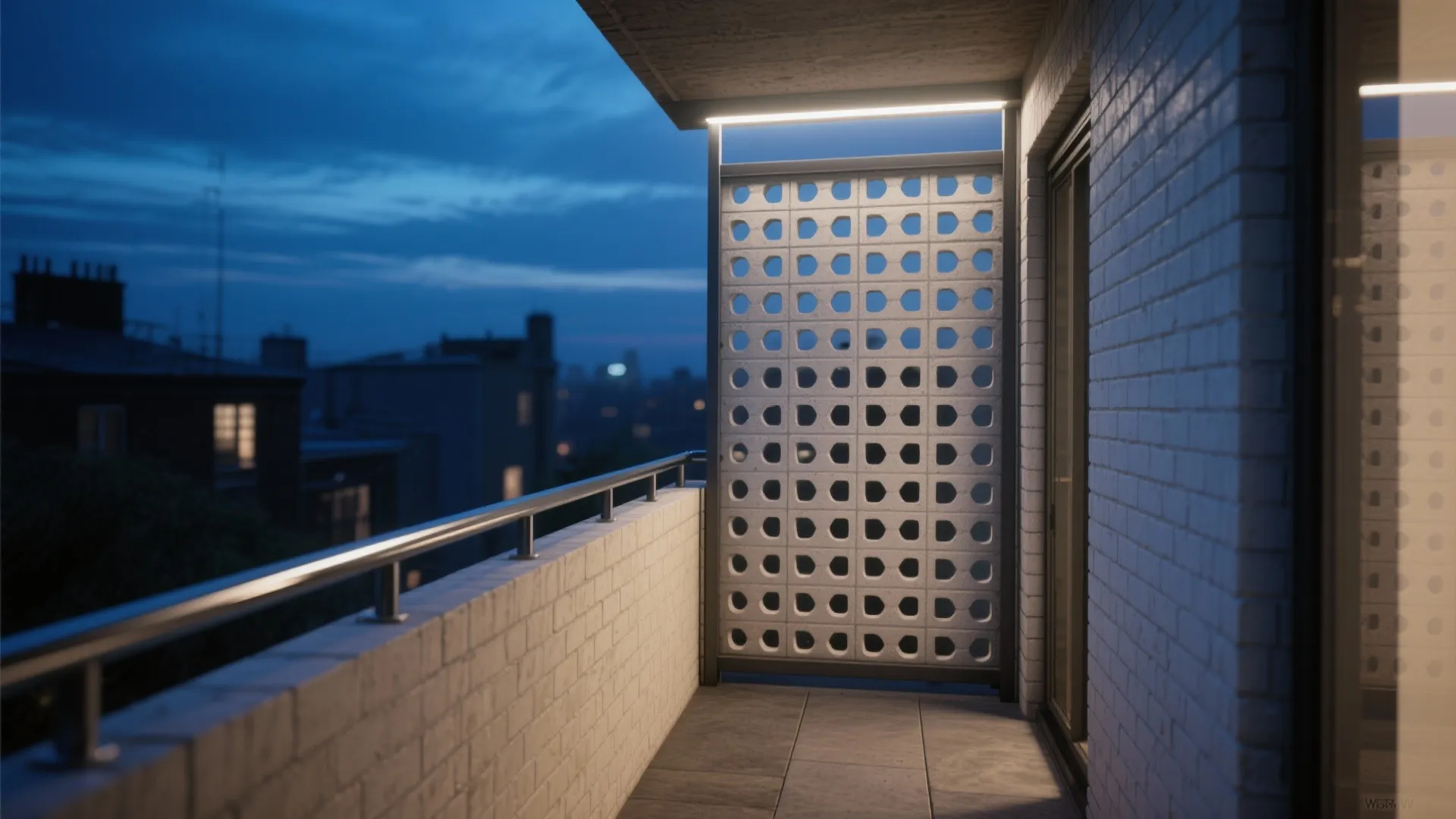 Night view of balcony with white brick wall decorative privacy screen and bright overhead lighting