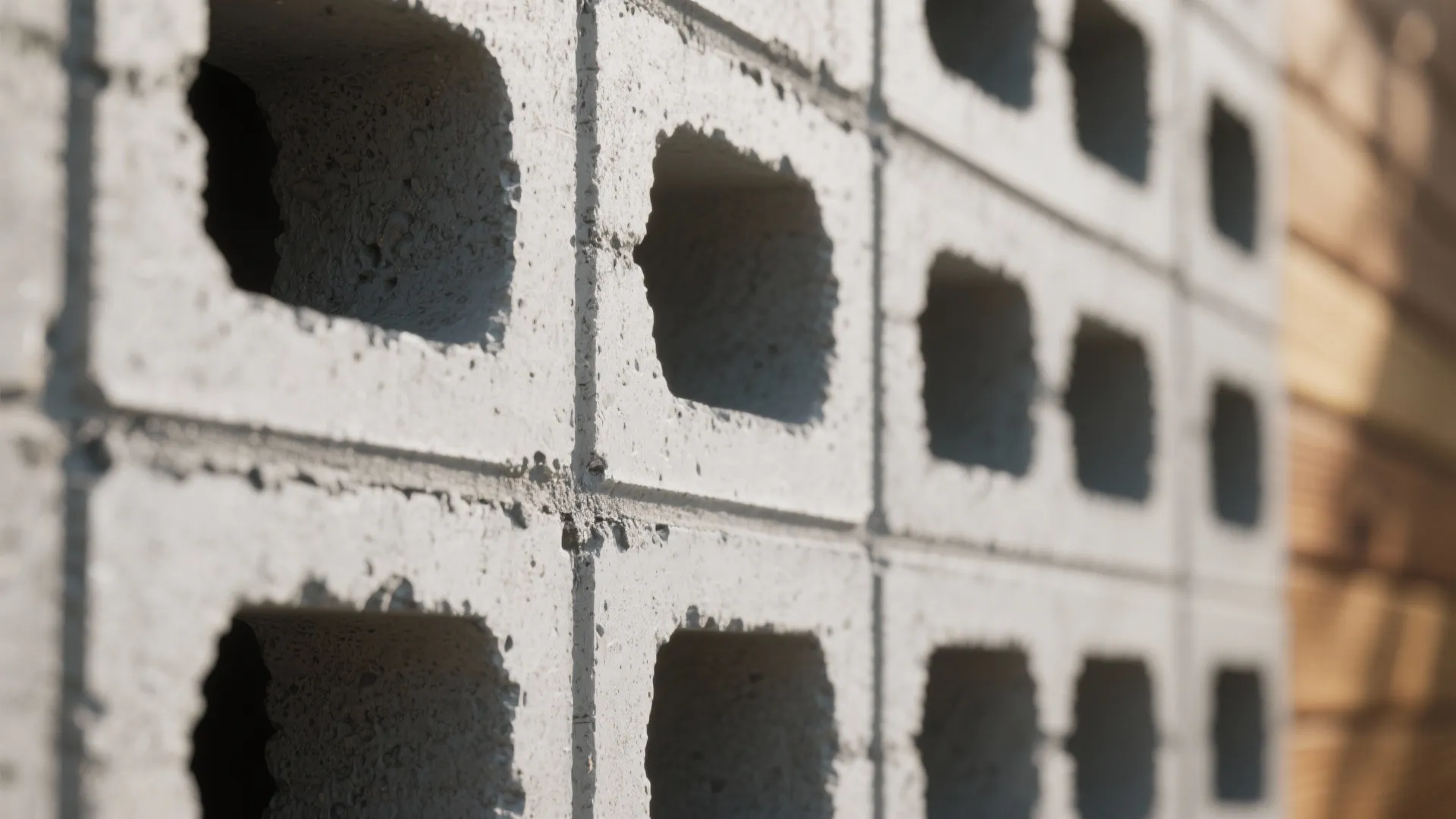 Close up of grey concrete block wall with square holes showing texture and natural outdoor light