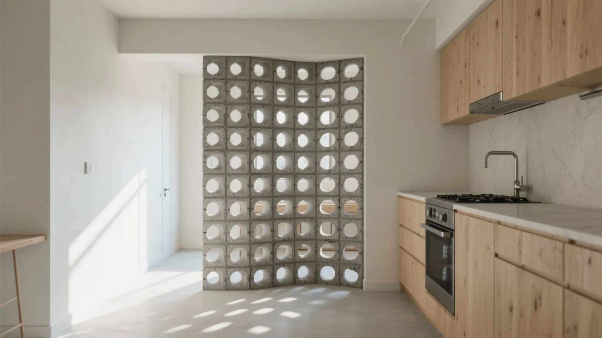 Modern kitchen featuring grey concrete block partition wall with circular holes and light natural wooden cabinets