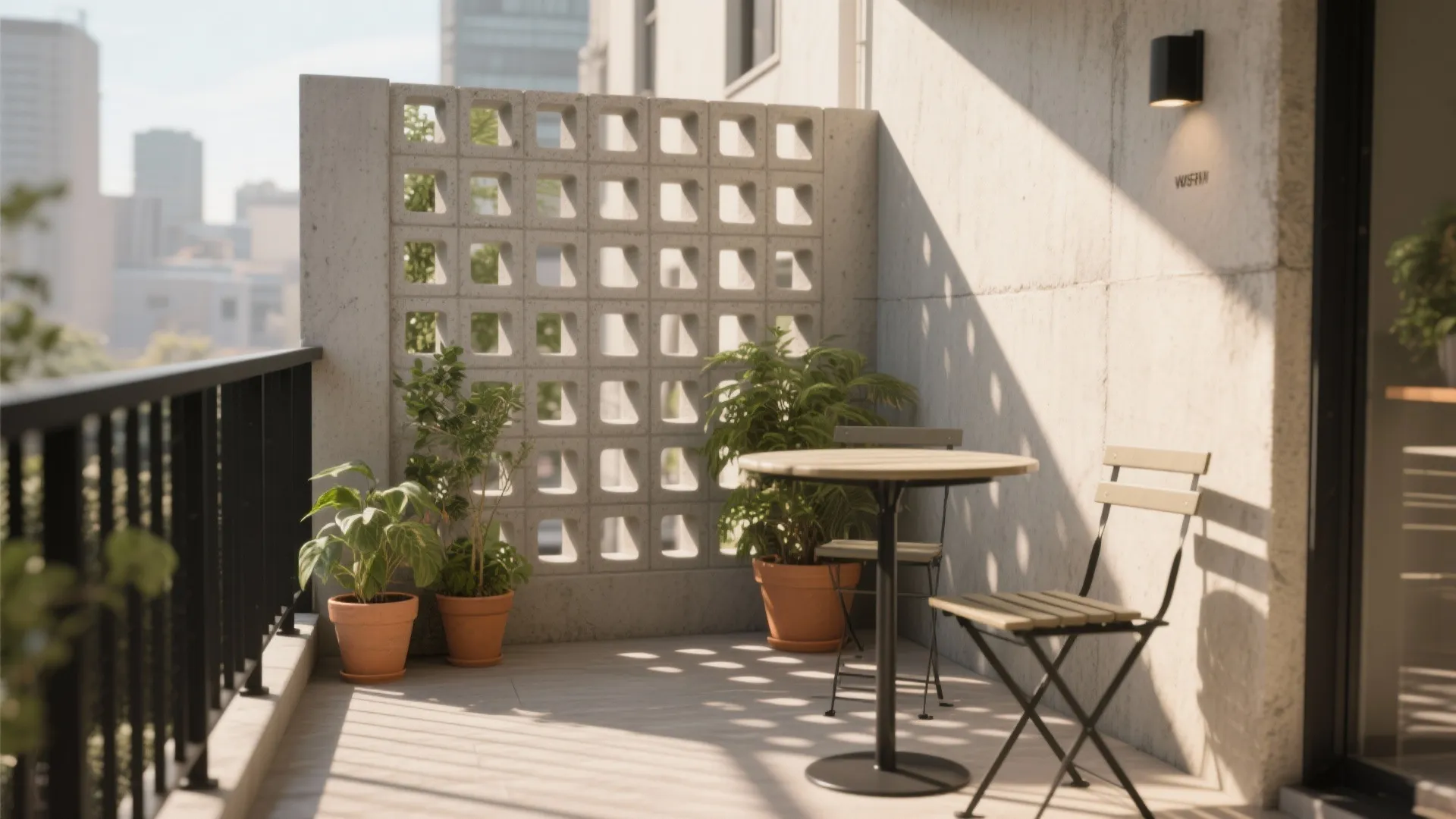 Sunny balcony featuring a concrete block wall with round table chairs and green potted plants